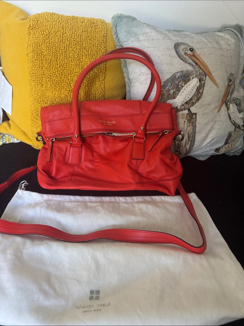 kate spade red leather satchel with detachable shoulder strap